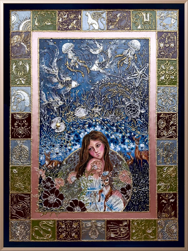 Young girl with flowers and a fawn beneath a blue underwater realm, enclosed in symbolic ornamental panels