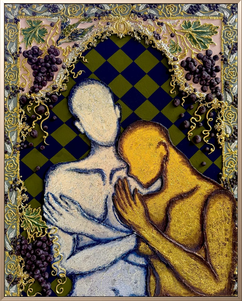 Silver and gold figures leaning together against a checkered background with raised grapevines and ornaments