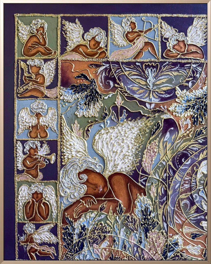 Sleeping angel beneath silver wings on a violet-plum background, surrounded by panels of musical angels