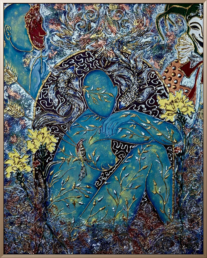 Faceless blue figure growing plants, surrounded by ornamental masks and golden relief