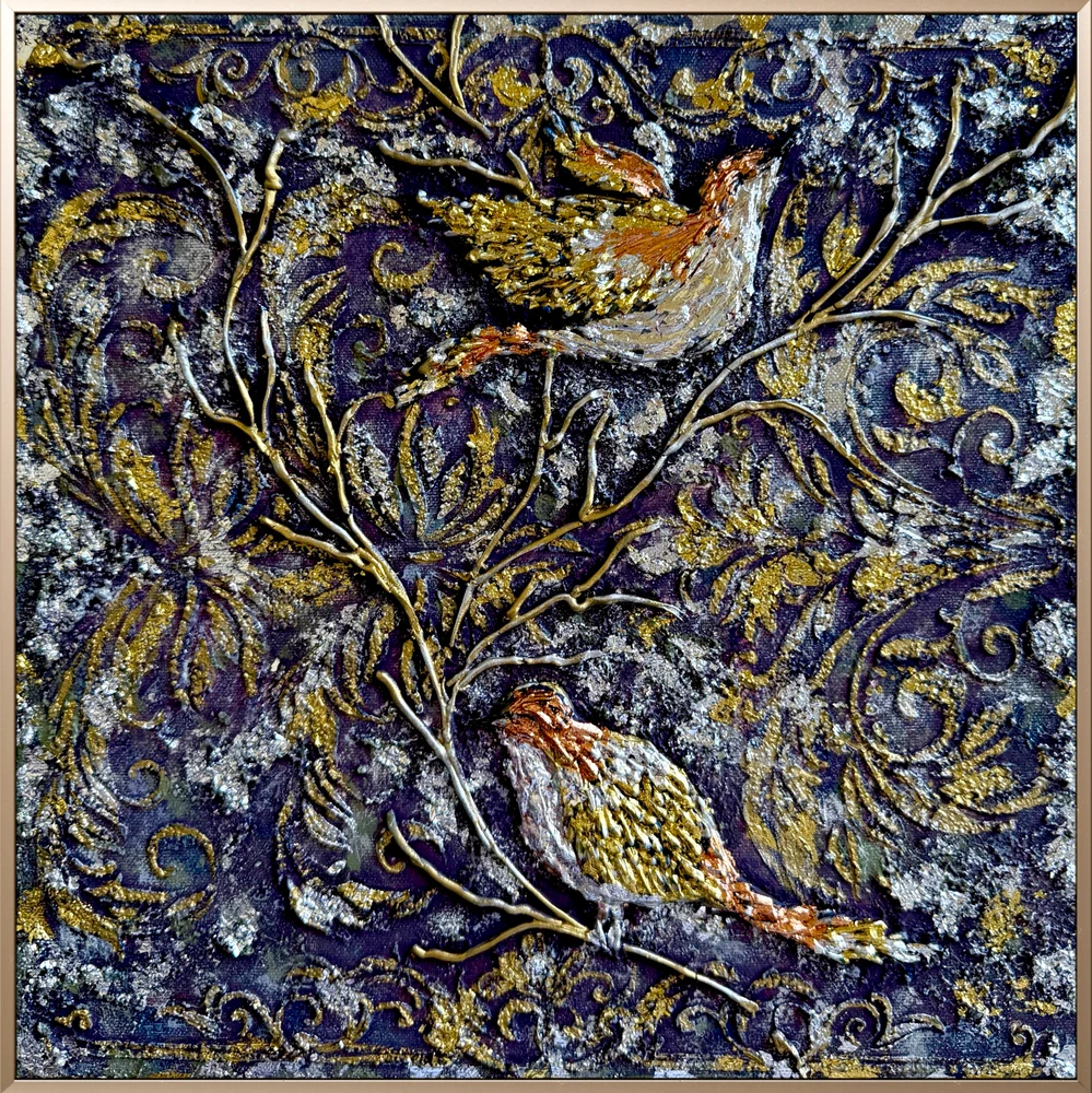 Gold and silver birds among sculptural branches against a deep violet background