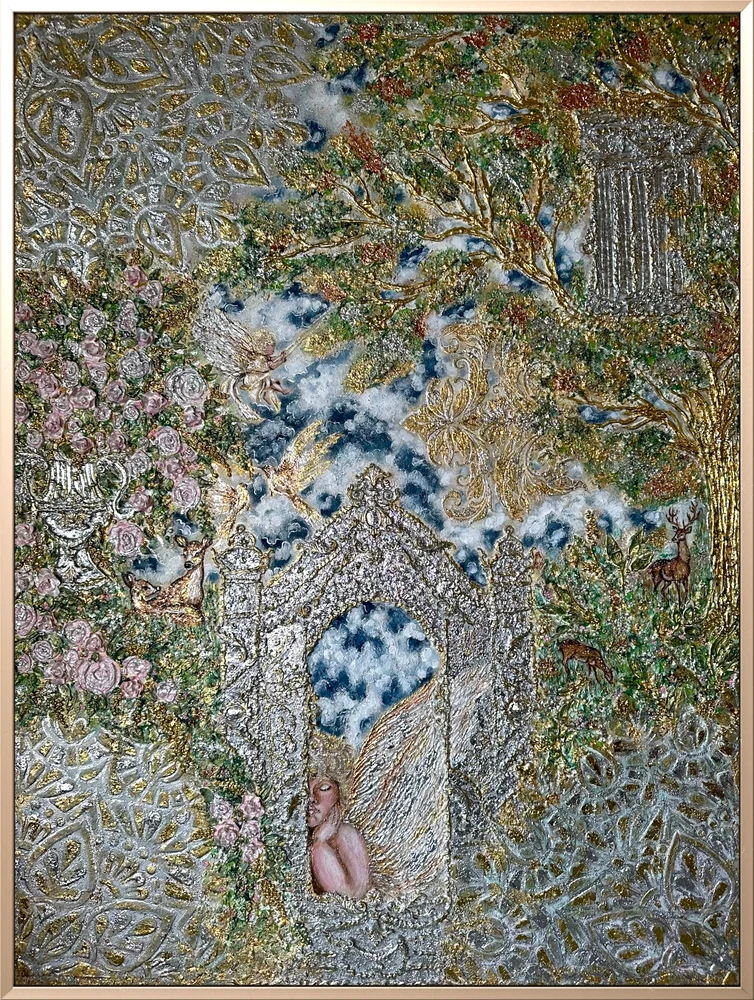 Watchful winged guardian in a secret garden filled with flowers, birds and gazelles beside ancient columns