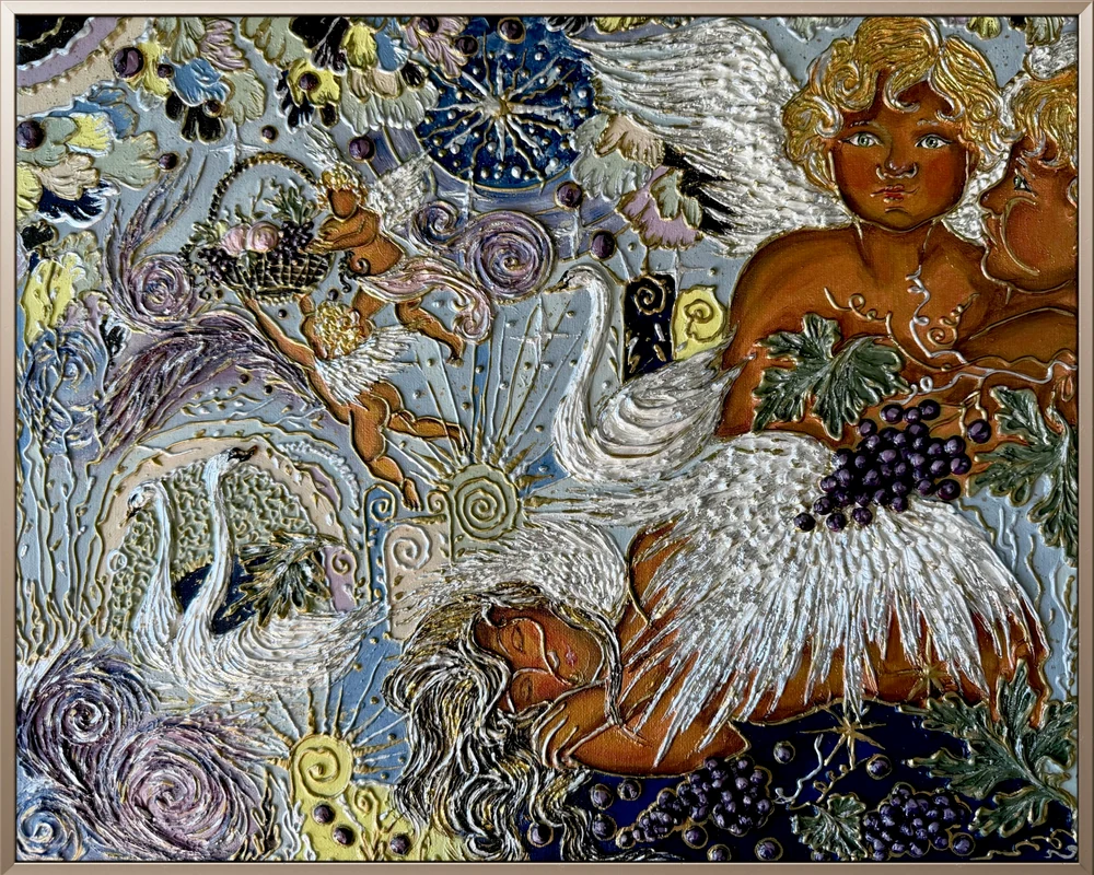 A resting silver-winged soul protected by golden angels, mystical guardians and swans