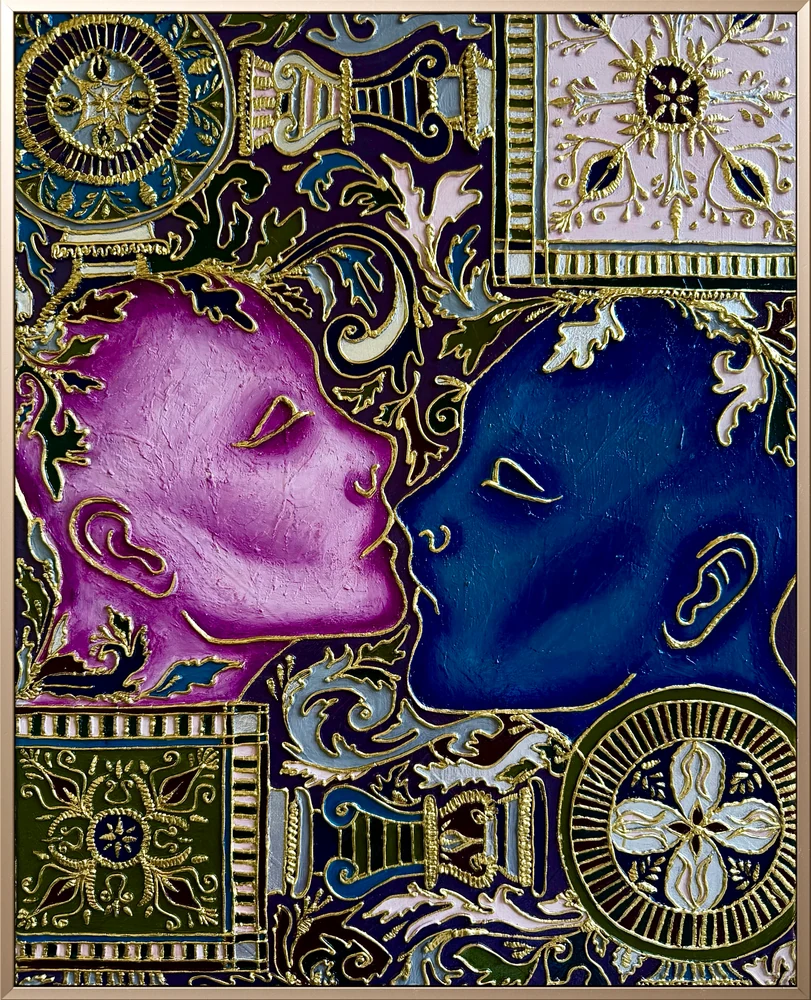Amethyst-magenta and sapphire faces meeting among raised golden ornaments and medallions