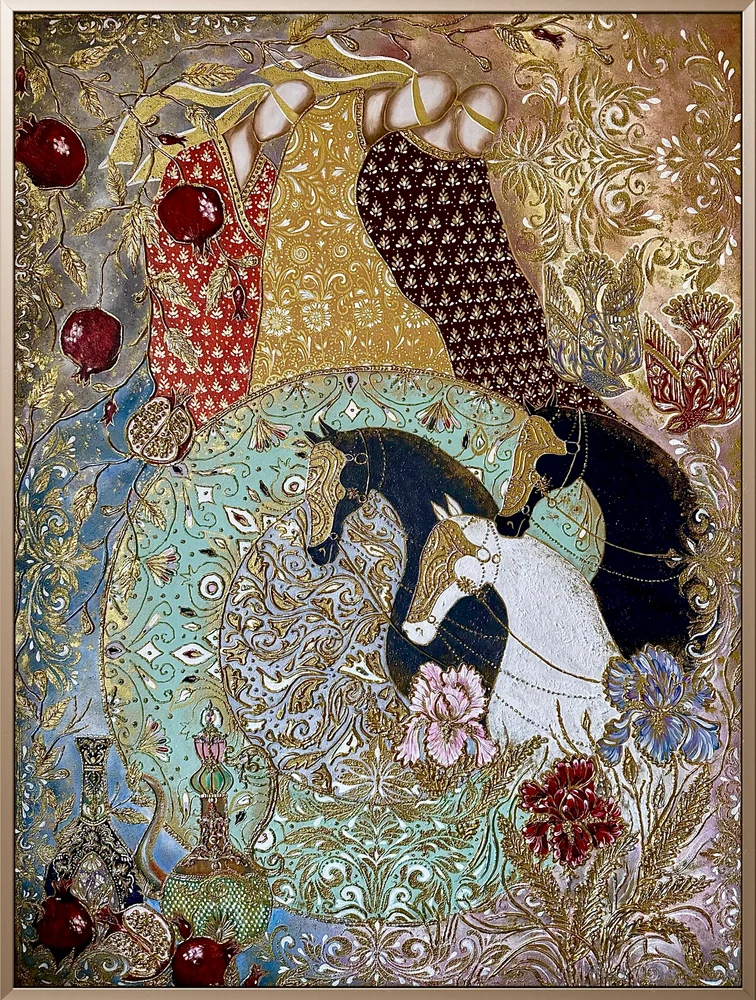 Three horses among symbolic human figures, pomegranates, flowers and raised golden ornaments
