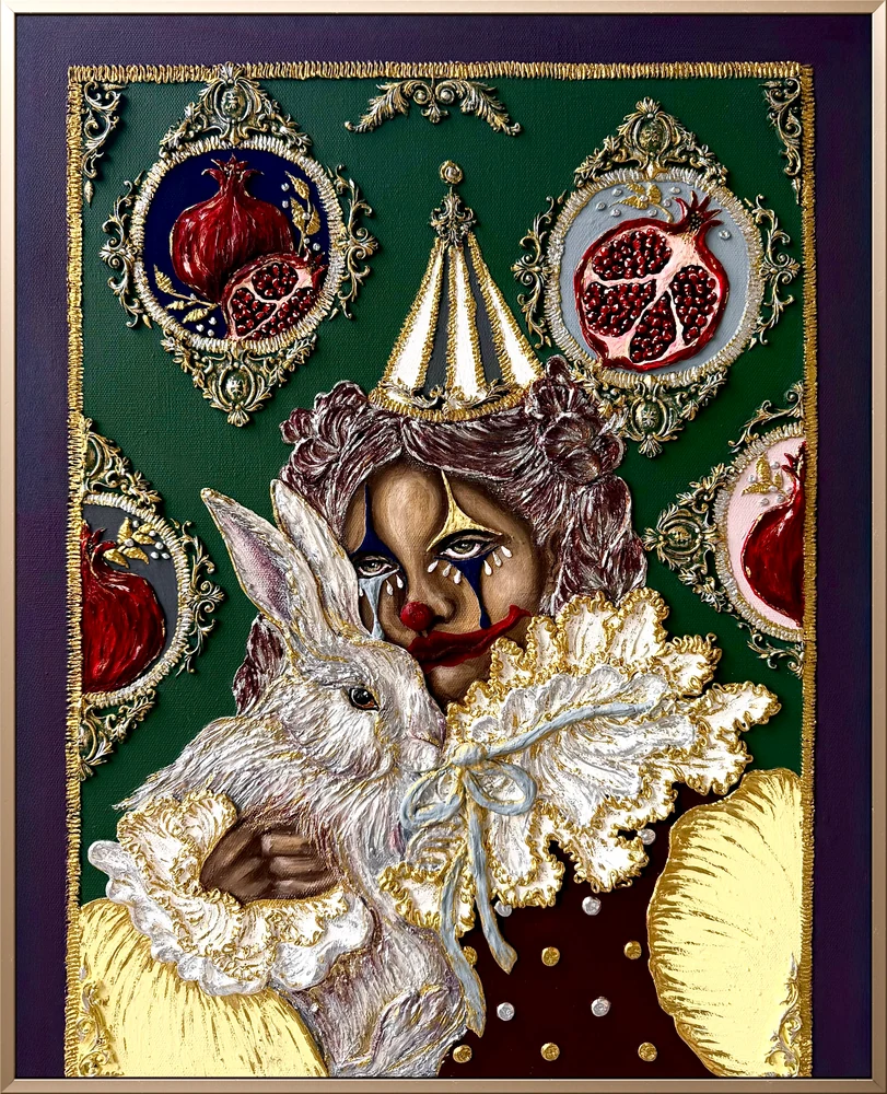 Masked woman holding a white rabbit beneath pomegranate medallions and sculpted gold and silver ornaments