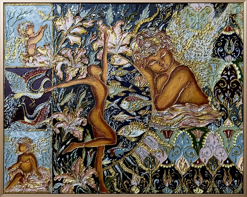 Resting celestial figures, angels, fish and lilies among golden and silver trees and ornamental panels
