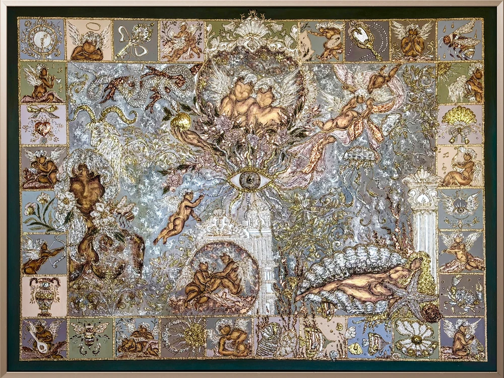 Central sacred eye surrounded by cosmic figures, cupids and ocean creatures in sculpted gold and silver panels