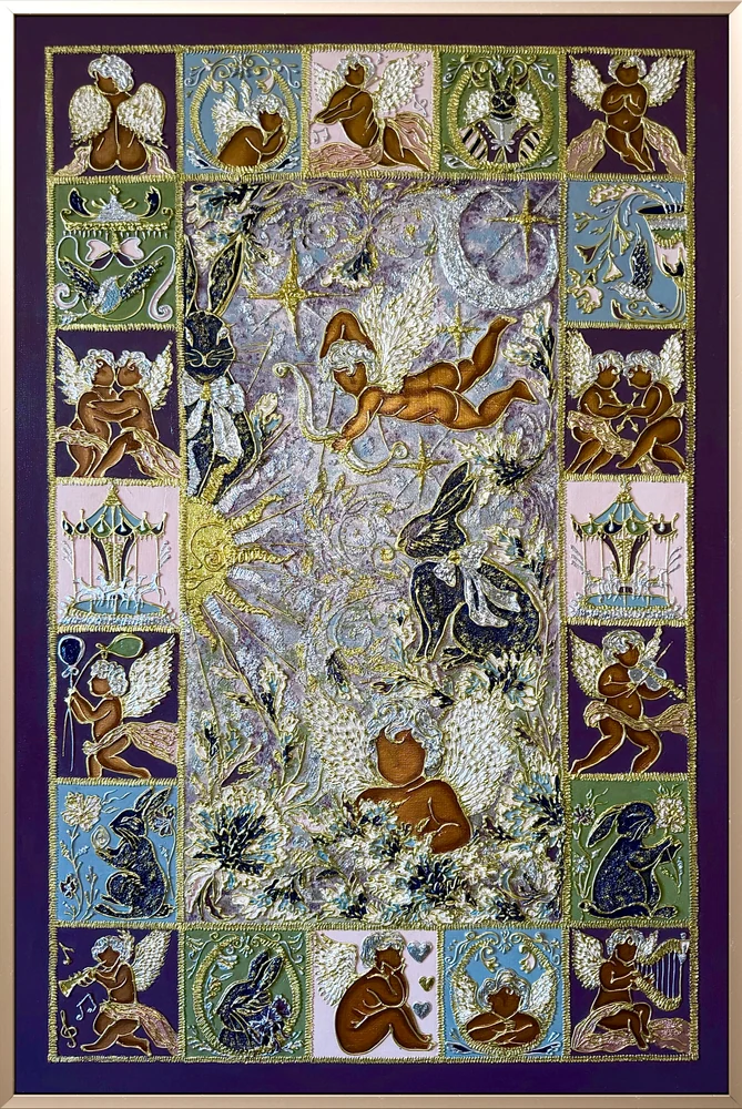 Sleeping angel beneath sun and crescent moon, surrounded by vintage carousel, cupid and black rabbit panels