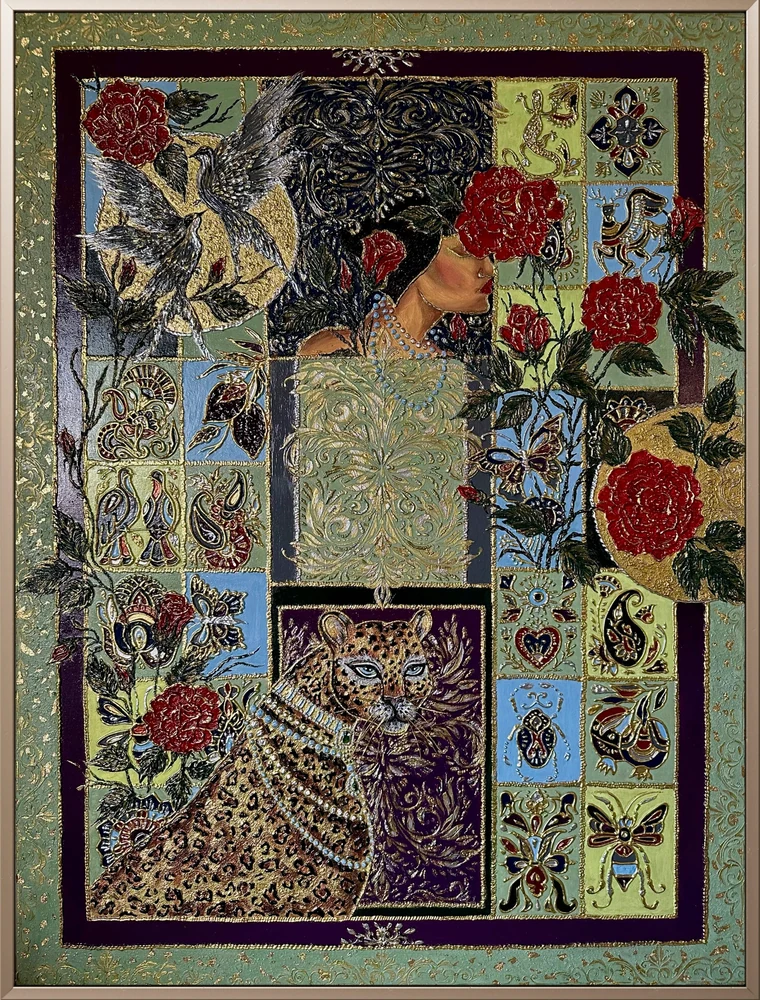 Woman hidden behind red roses, flying birds and a pearl-adorned leopard within ornamental mosaic panels