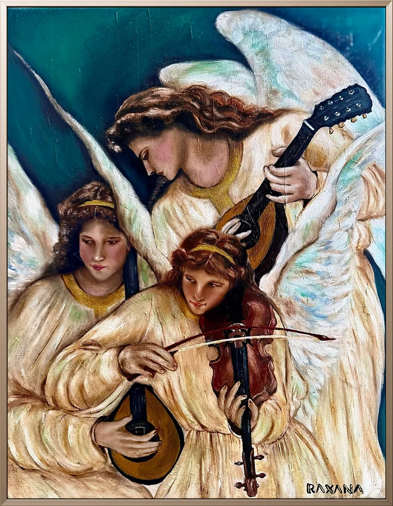 Three winged figures playing string instruments against a deep blue and green background