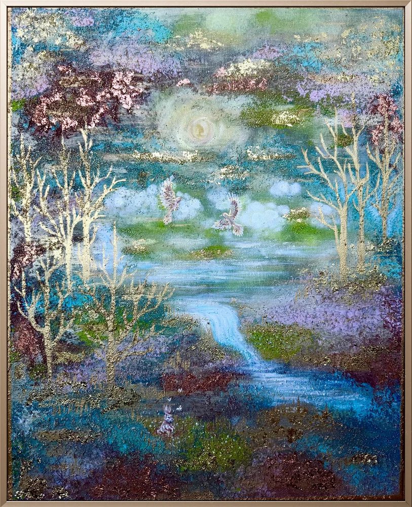 A luminous woodland landscape with birds, a winding blue stream and textured golden trees