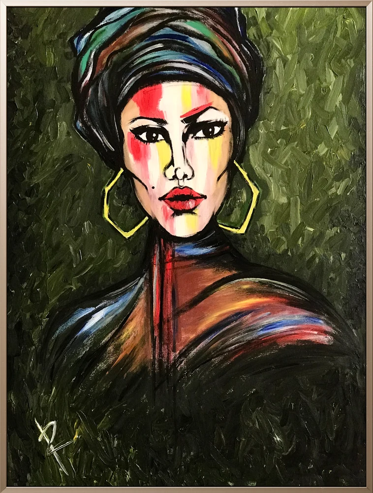 Woman with a colorful headwrap and angular gold earrings against a textured green background
