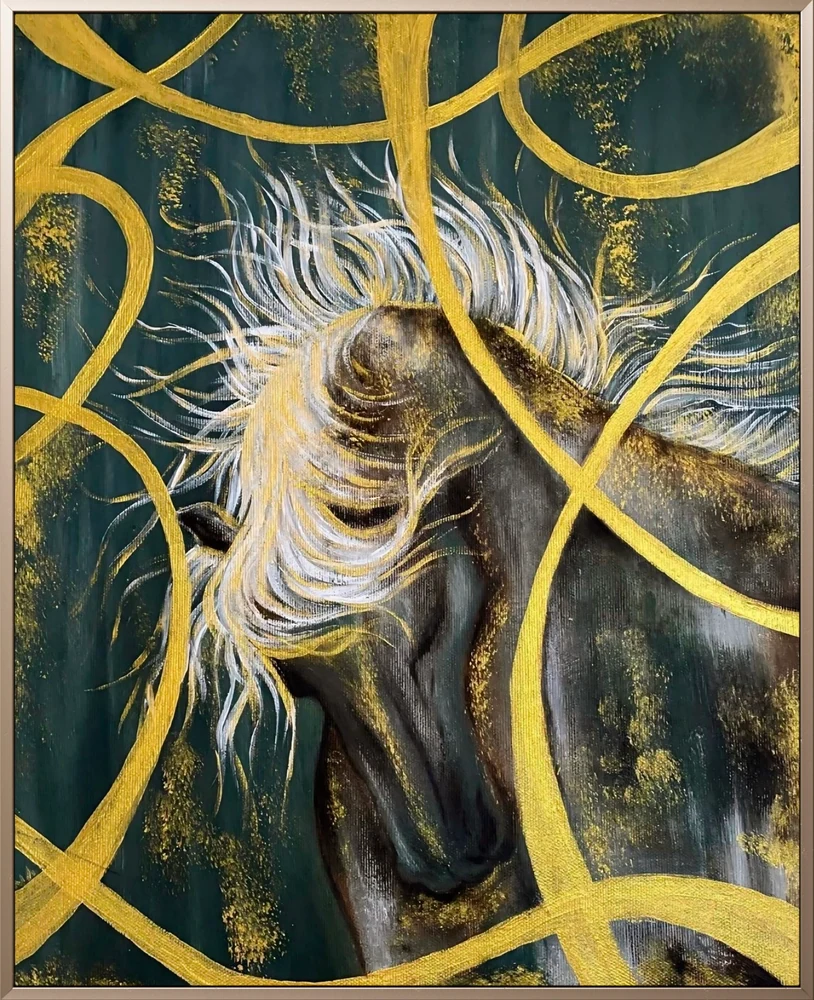 Dark horse with a flowing white mane and gold ribbons against a deep green background