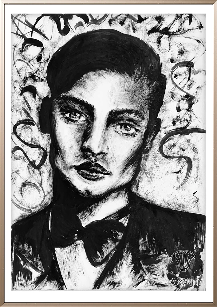 Black and white portrait with a bow tie and expressive marks in the background