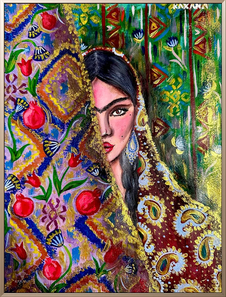 Portrait of a woman surrounded by pomegranate flowers, paisley patterns and golden motifs