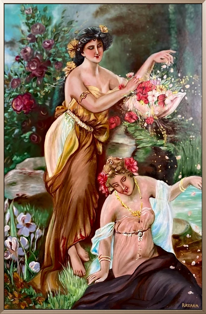 Two women among blossoms, one scattering petals from a basket
