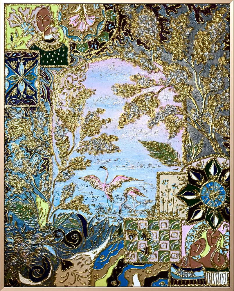 Flamingos and golden trees beside blue water, surrounded by raised ornamental panels and motifs